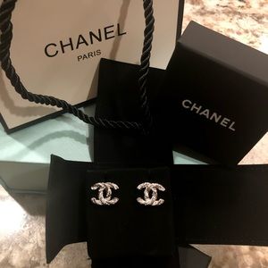 Auth CHANEL CC Twist Silver & Rhinestone Earrings
